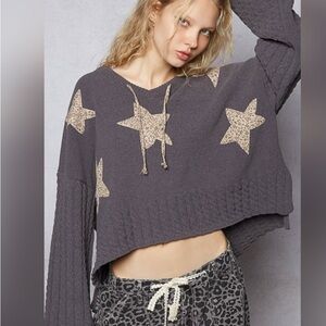 New POL Charcoal Star Patterned V-Neck Hoodie Sweater
